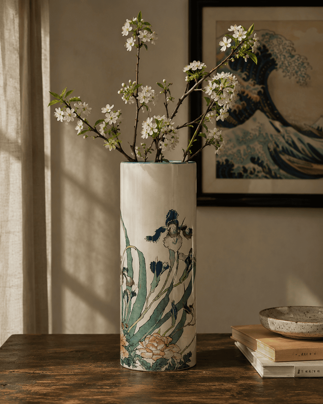 Hokusai Irises, Peonies & Sparrows Vase