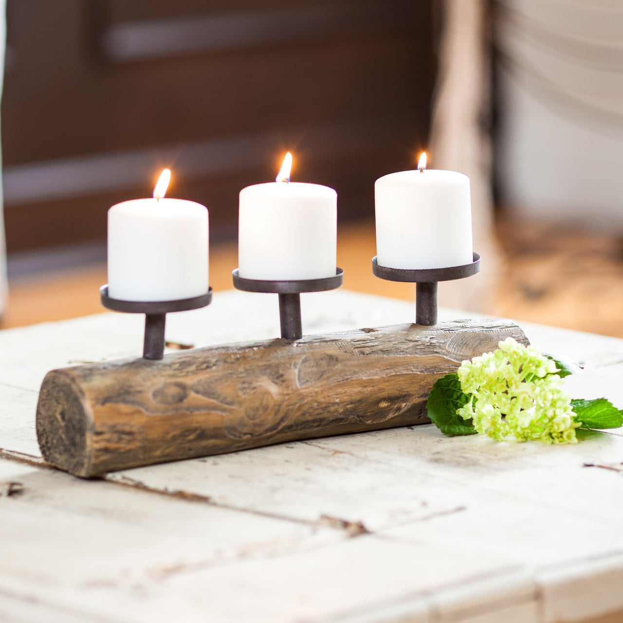 Triple Metal Candle Holder On Polyresin Log - Designer Studio - anniversary gifts