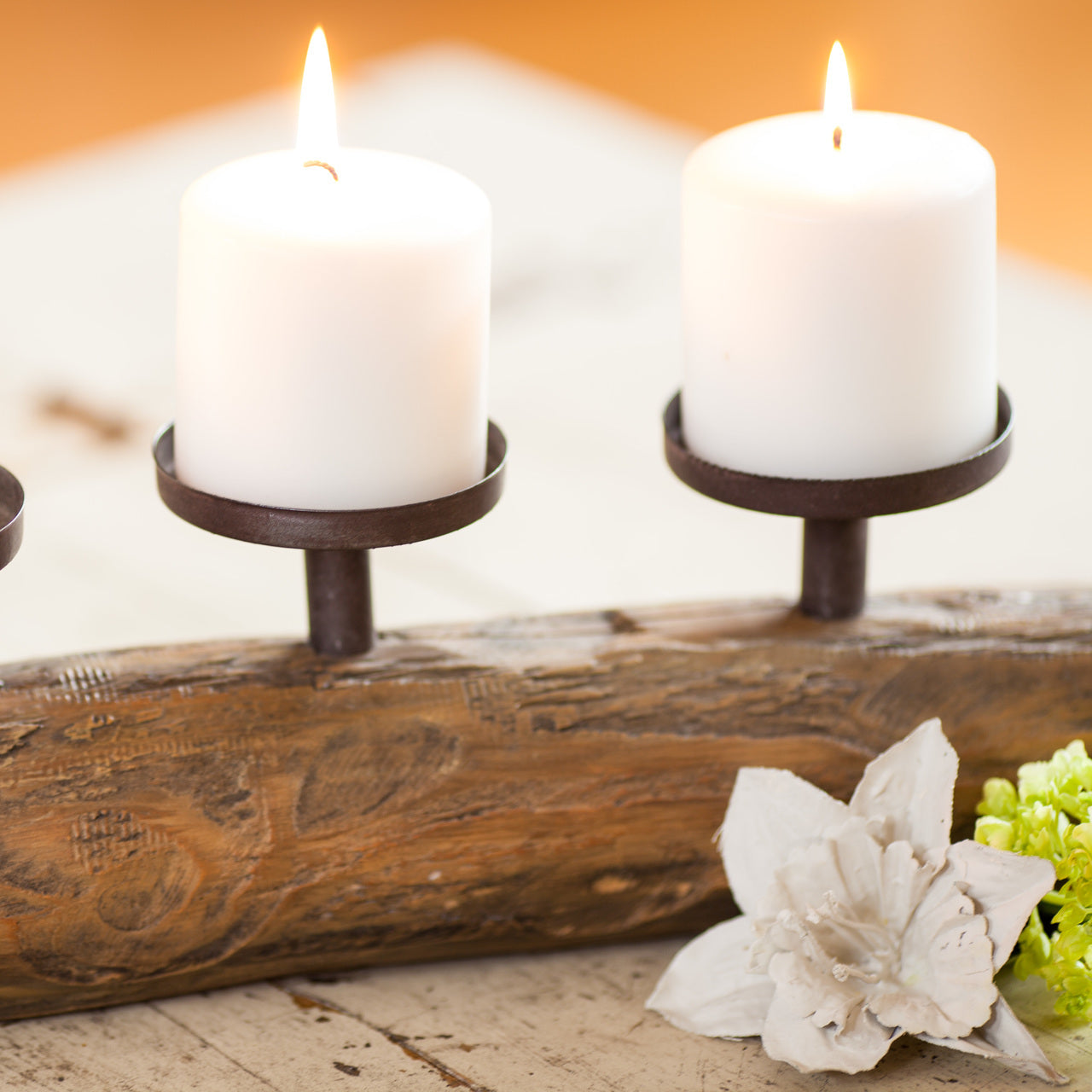 Triple Metal Candle Holder On Polyresin Log - Designer Studio - anniversary gifts