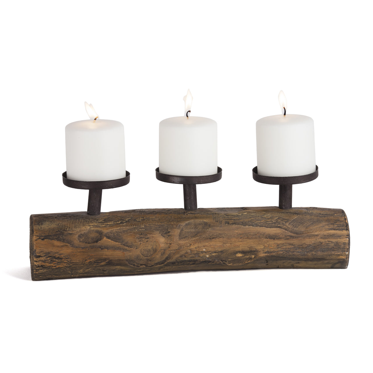 Triple Metal Candle Holder On Polyresin Log - Designer Studio - anniversary gifts